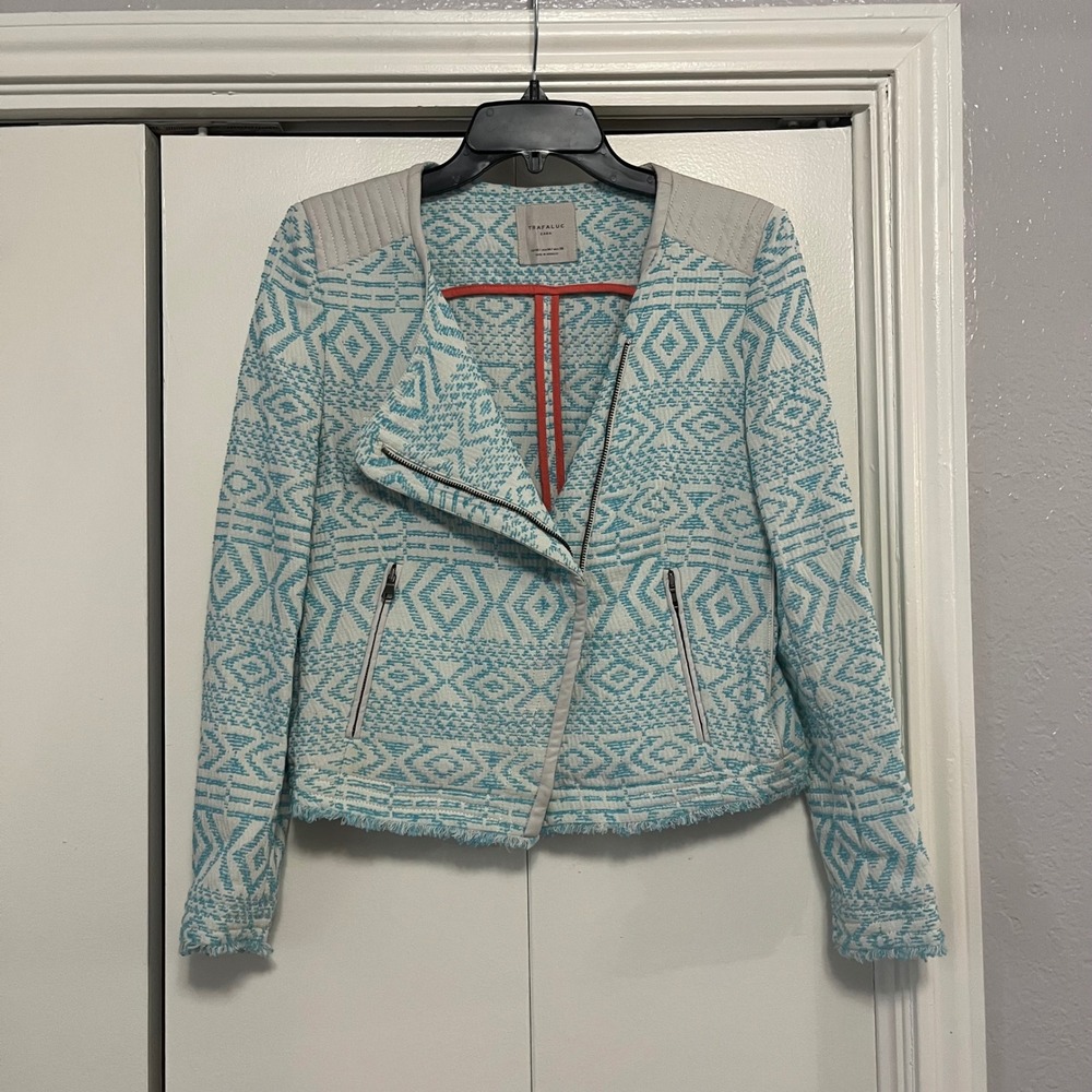 Trafaluc Zara Womens‎ Geometric Print Asymmetrical Moto Jacket Blue White M